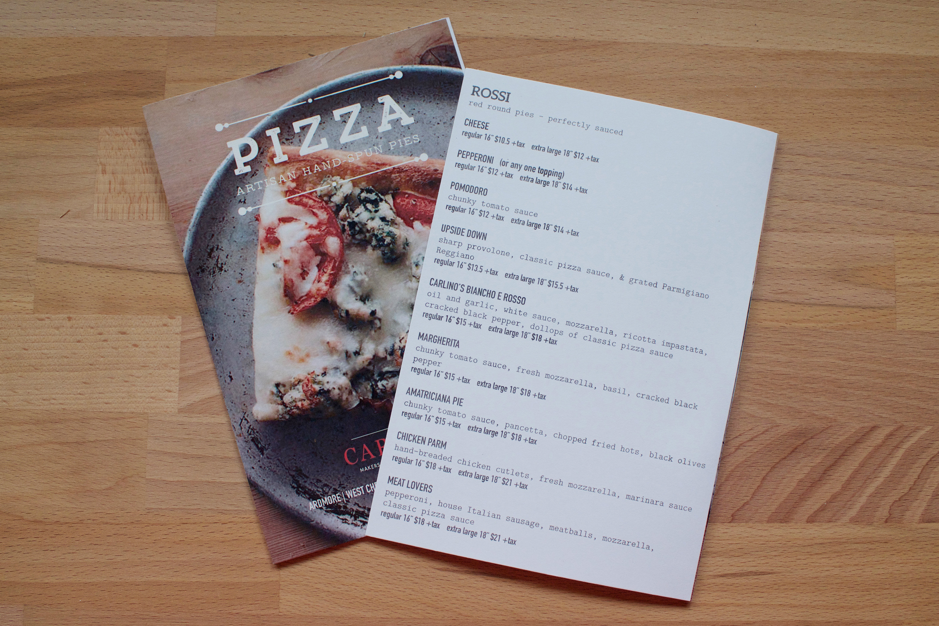 Carlino's pizza menu design